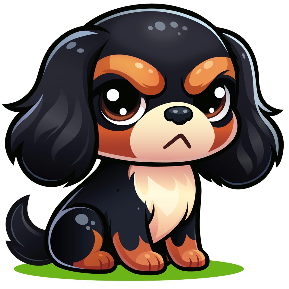 Tiny's mascot. A vibrant, chibi-style digital cartoon illustration of an adorable Cavalier King Charles Spaniel puppy sitting on a small, bright green oval patch. 